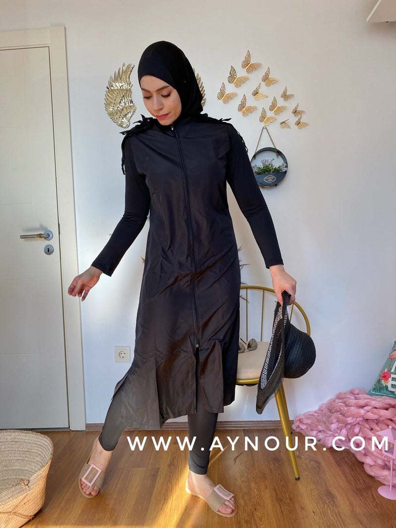 Black butterfly full suit 4 pieces swimming wear hijab burkini Collection - Aynour.com