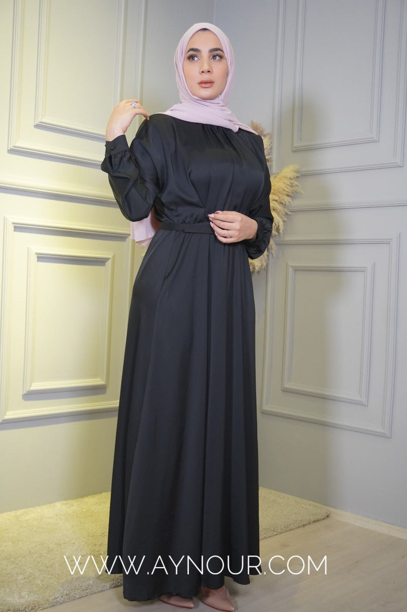 Black satin glowry Modest Dress Eid collection 2022 - Aynour.com