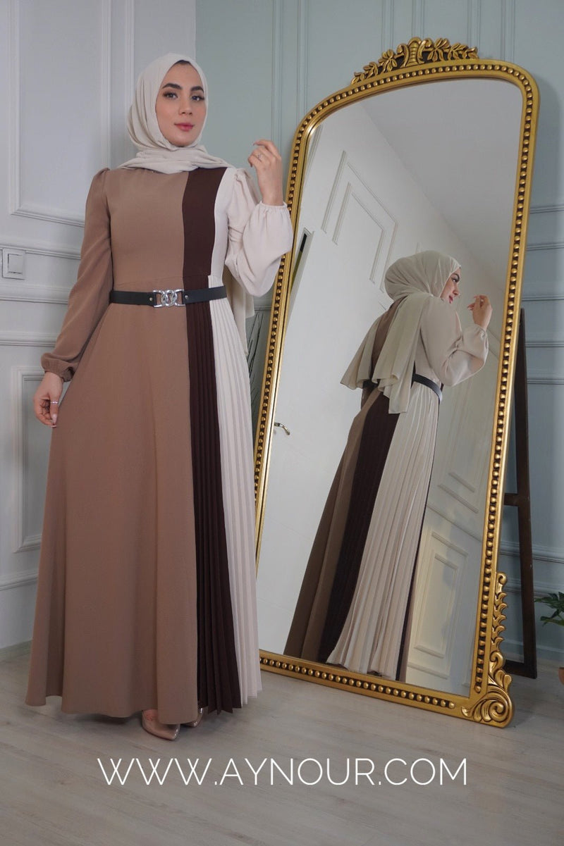 Brown three shades Modest Dress Eid collection 2022 - Aynour.com
