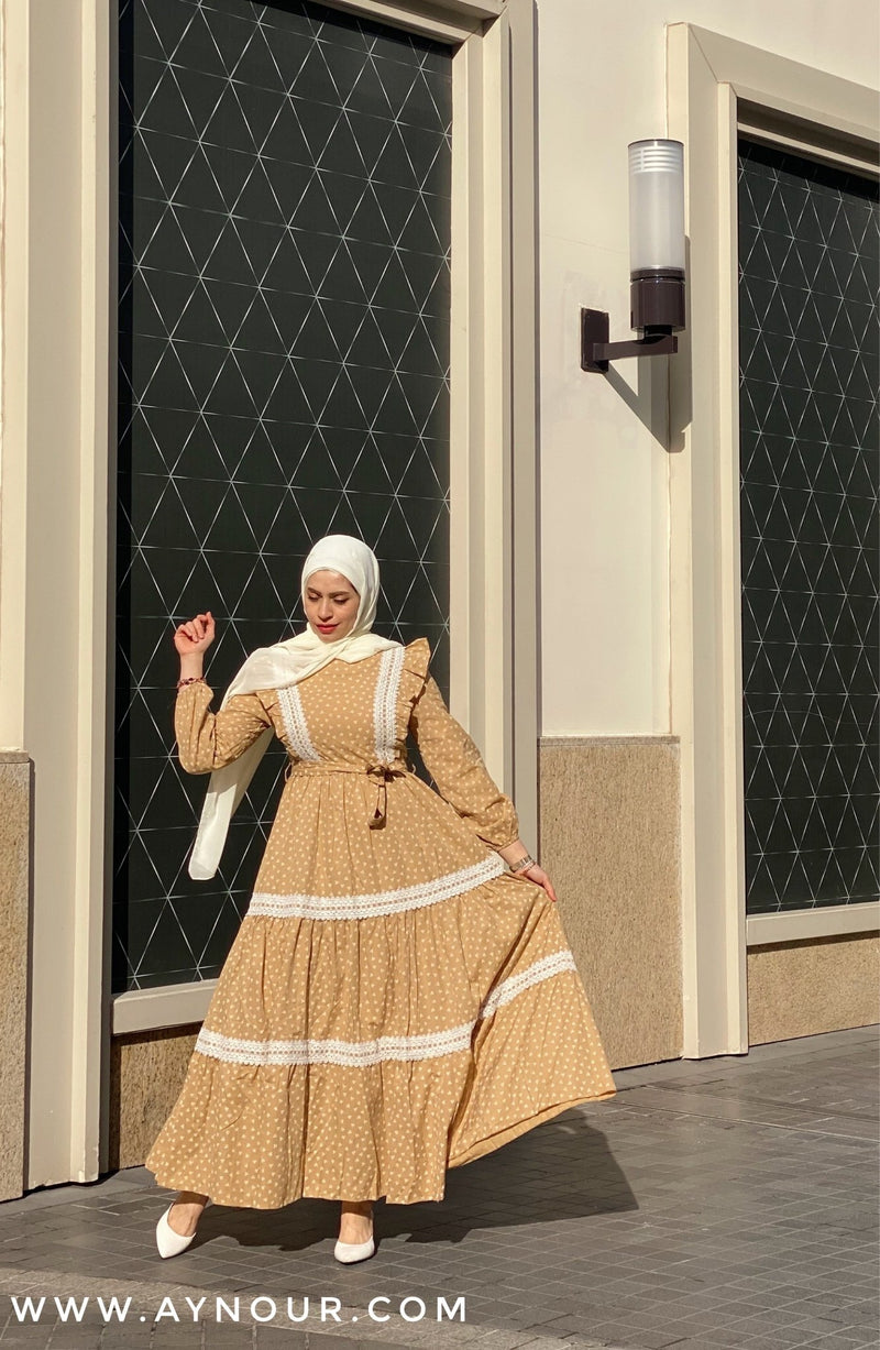 Cinderella yellow Modest Dress with belt spring collection 2021 - Aynour.com