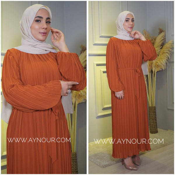 Dark orange Pleated chiffon with belt fully lined Modest Dress autumn collection 2022 - Aynour.com