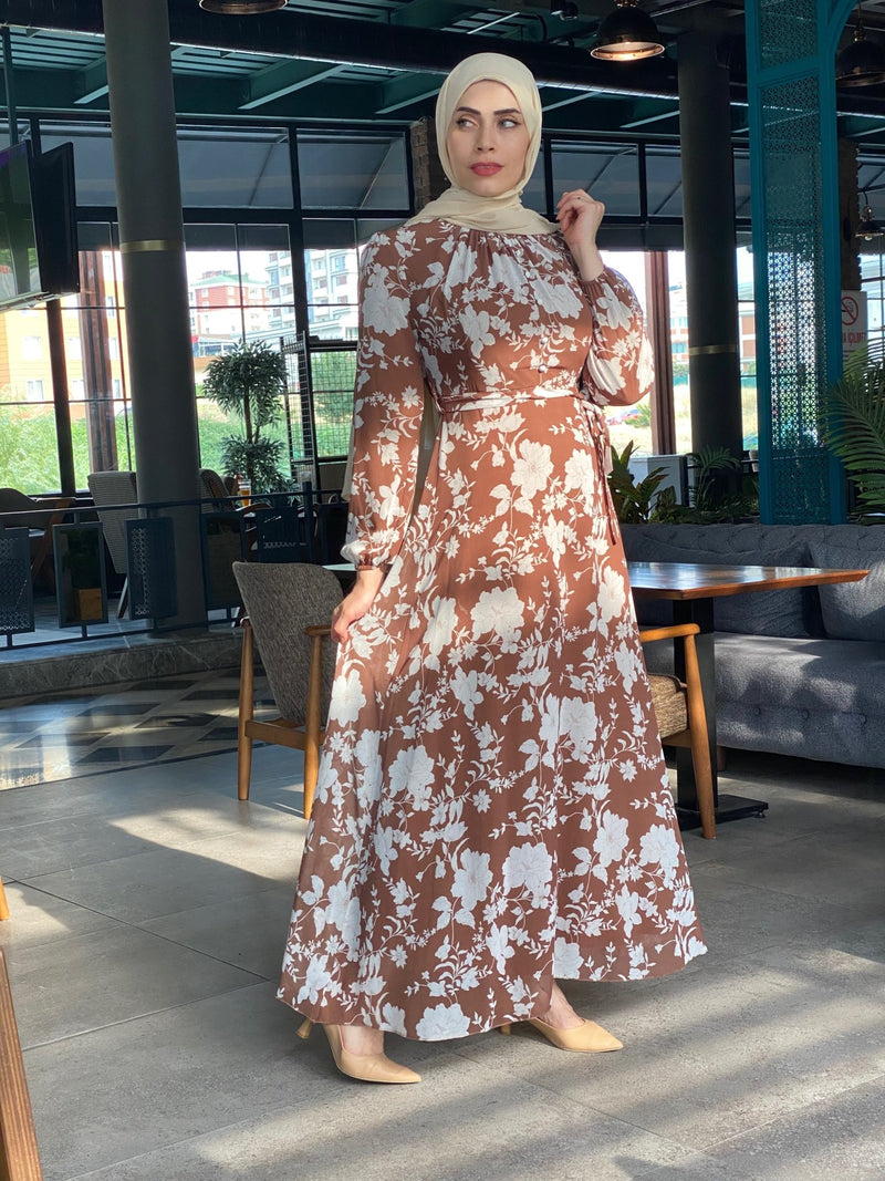 Flower in brown love fully lined chiffon Modest Dress - Aynour.com