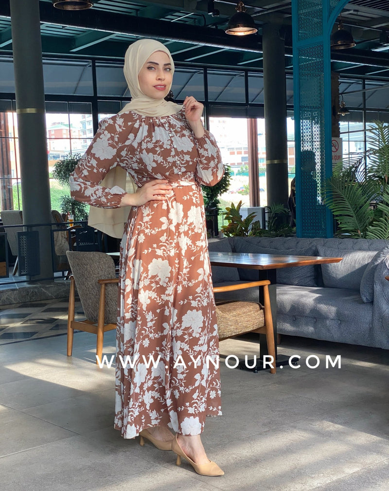 Flower in brown love fully lined chiffon Modest Dress - Aynour.com