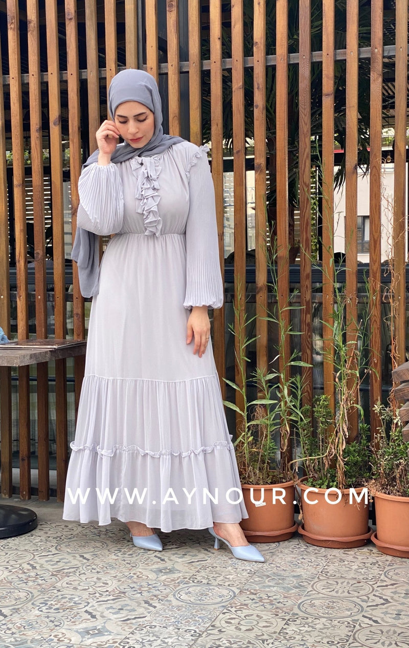 Gray love fully lined chiffon Modest Dress - Aynour.com