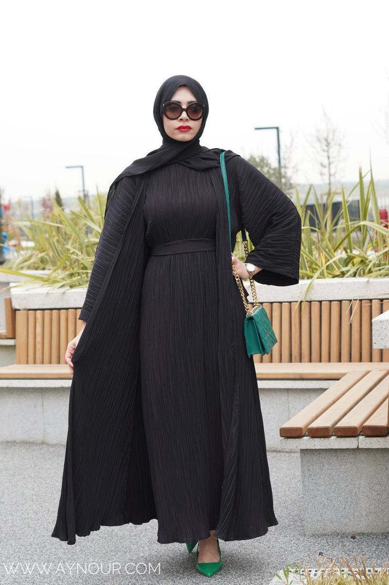 JOOD black luxurious platted abaya 3 pieces - Aynour.com