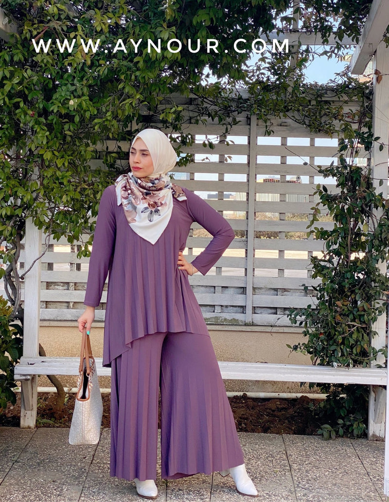 Light purple Wide one size Islamic classy suit 2 pieces top and pant - Aynour.com