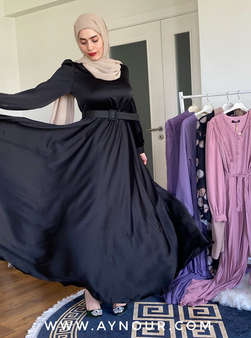 Luxurious black satin amazing Modest Dress with belt Eid collection 2021 - Aynour.com