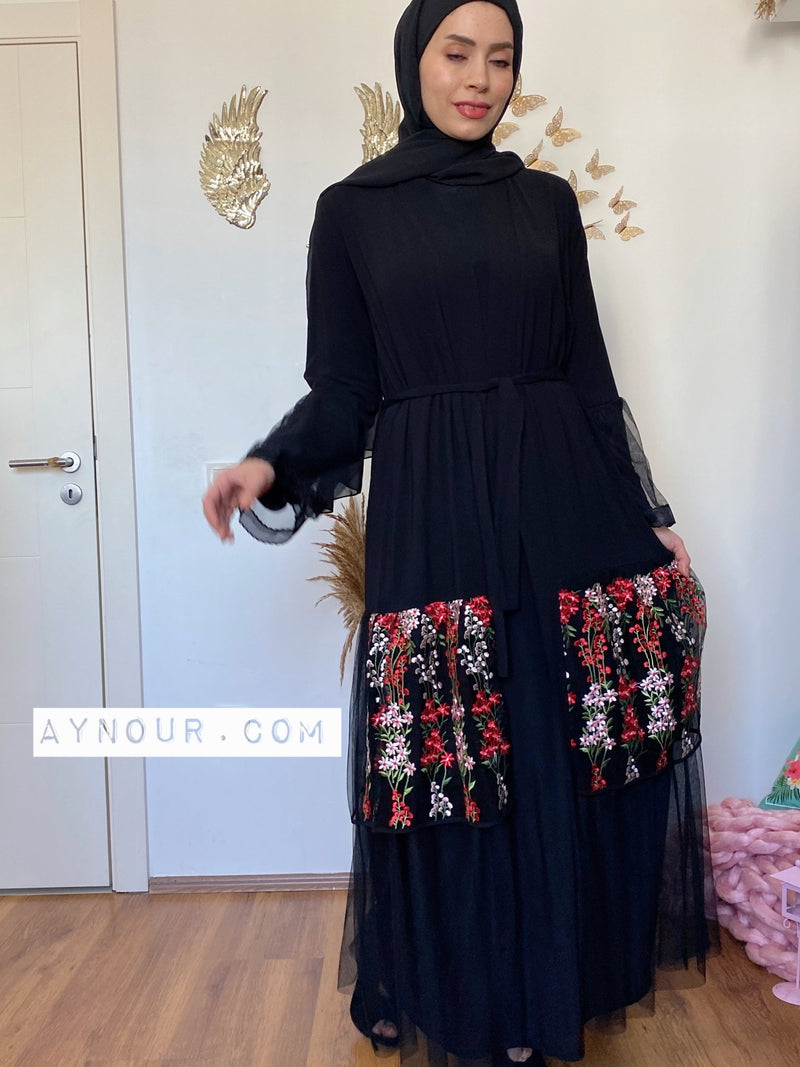 Modest flowers tulle Queen Abaya 2021 - Aynour.com