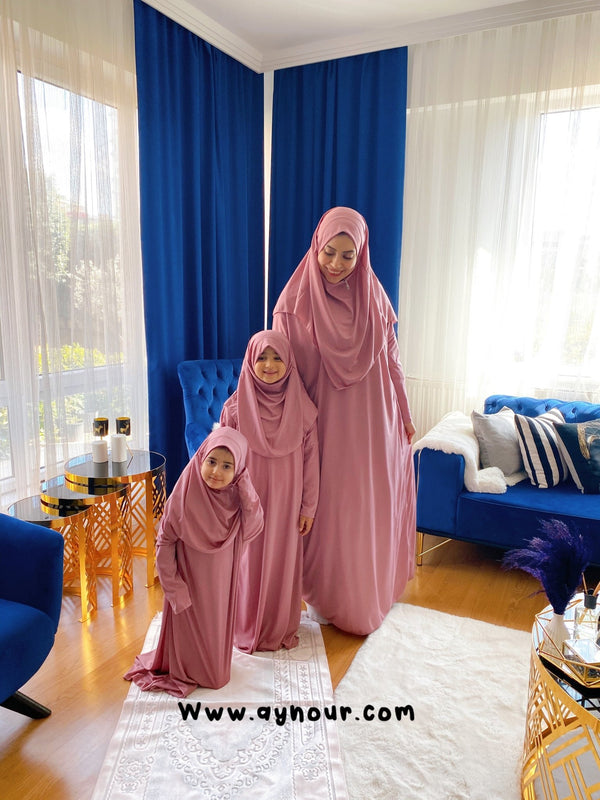 Mother and daughter prayer set Rosy sandy Prayer 2 items Headscarf and long jilbab attached Islamic Hijab - Aynour.com