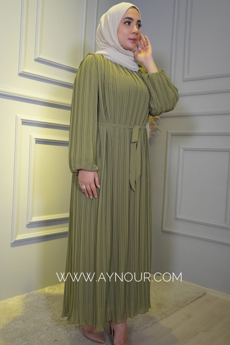 Olive green Pleated chiffon with belt fully lined Modest Dress autumn collection 2022 - Aynour.com