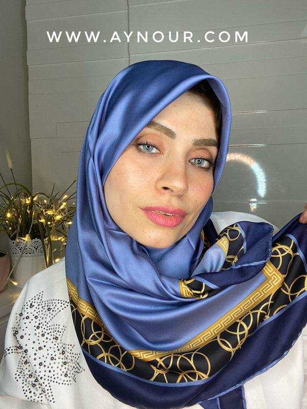 Royal blue and gold satin squared classy non transparent luxurious fabric Hijab 2021 - Aynour.com