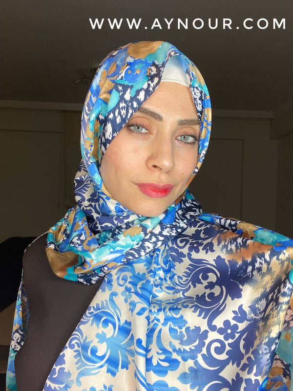 Royal mix blue satin classy non transparent luxurious fabric Hijab 2021 - Aynour.com