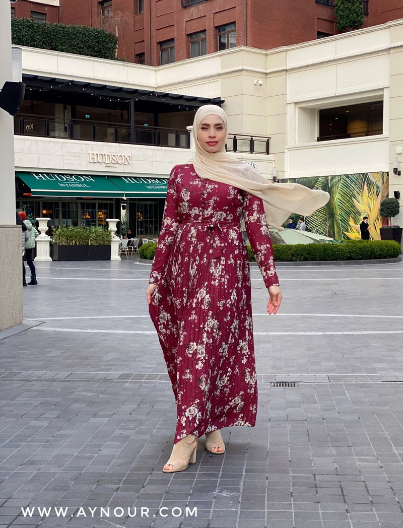 Ruby red with flowers Modest Dress with belt spring collection 2021 - Aynour.com
