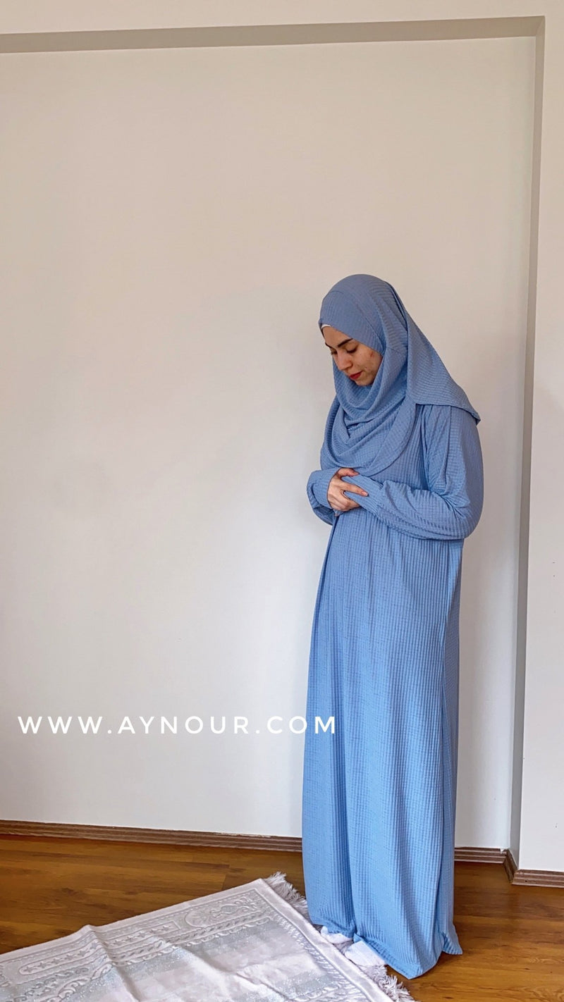 Sky blue Prayer 1Piece Headscarf and long jilbab attached Islamic Hijab Luxurious non iorn - Aynour.com