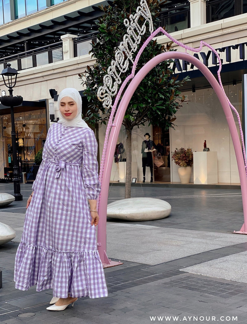 Square lavender and White Prints Modest dress spring collection 2021 - Aynour.com