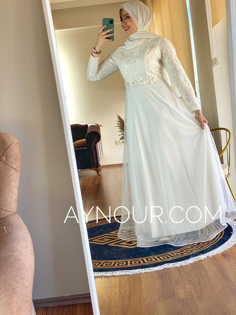 White flowers regular and plus size Modest Dress 2020 - Aynour.com