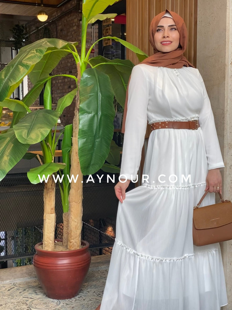 White stylish fully lined chiffon Modest Dress - Aynour.com