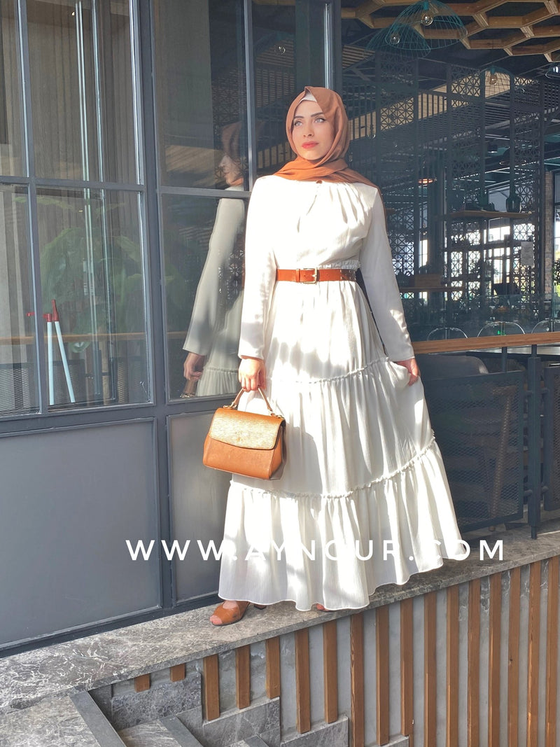 White stylish fully lined chiffon Modest Dress - Aynour.com